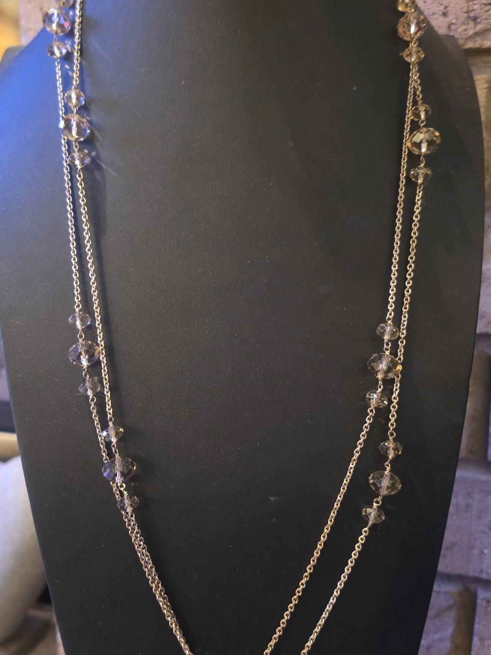 Long Gold Tone Layered Station Cable Chain Necklace Champagne Crystals